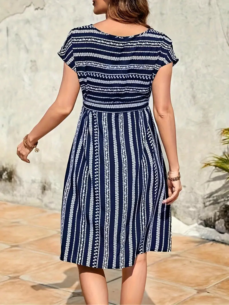 Striped Belted Dress, Vacation Crew Neck Short Sleeve Dress