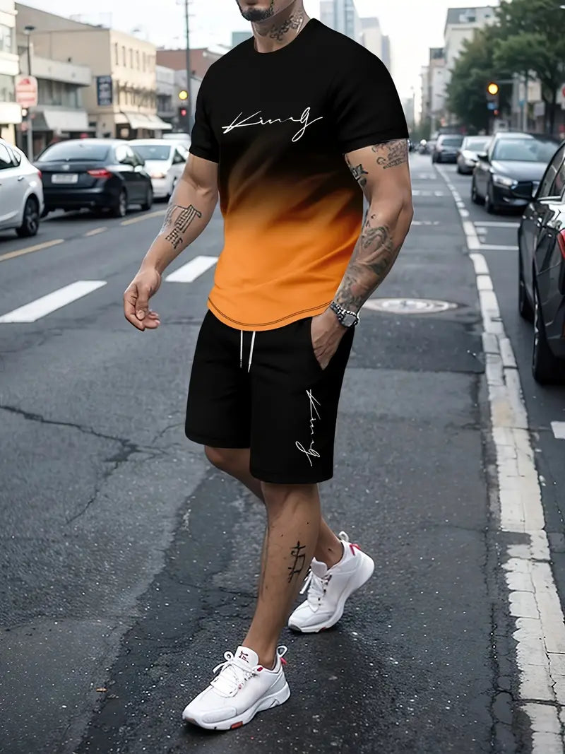 2pcs Sportswear, Men's Gradient Graphic T-shirt