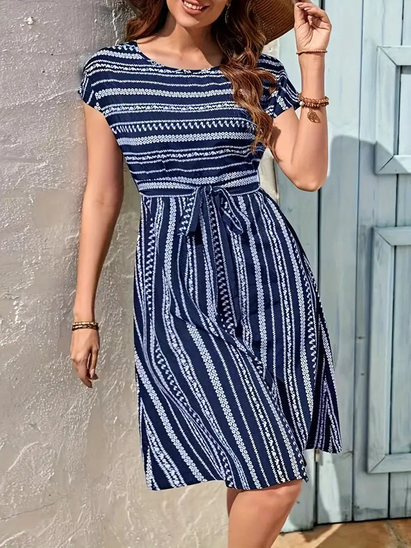 Striped Belted Dress, Vacation Crew Neck Short Sleeve Dress